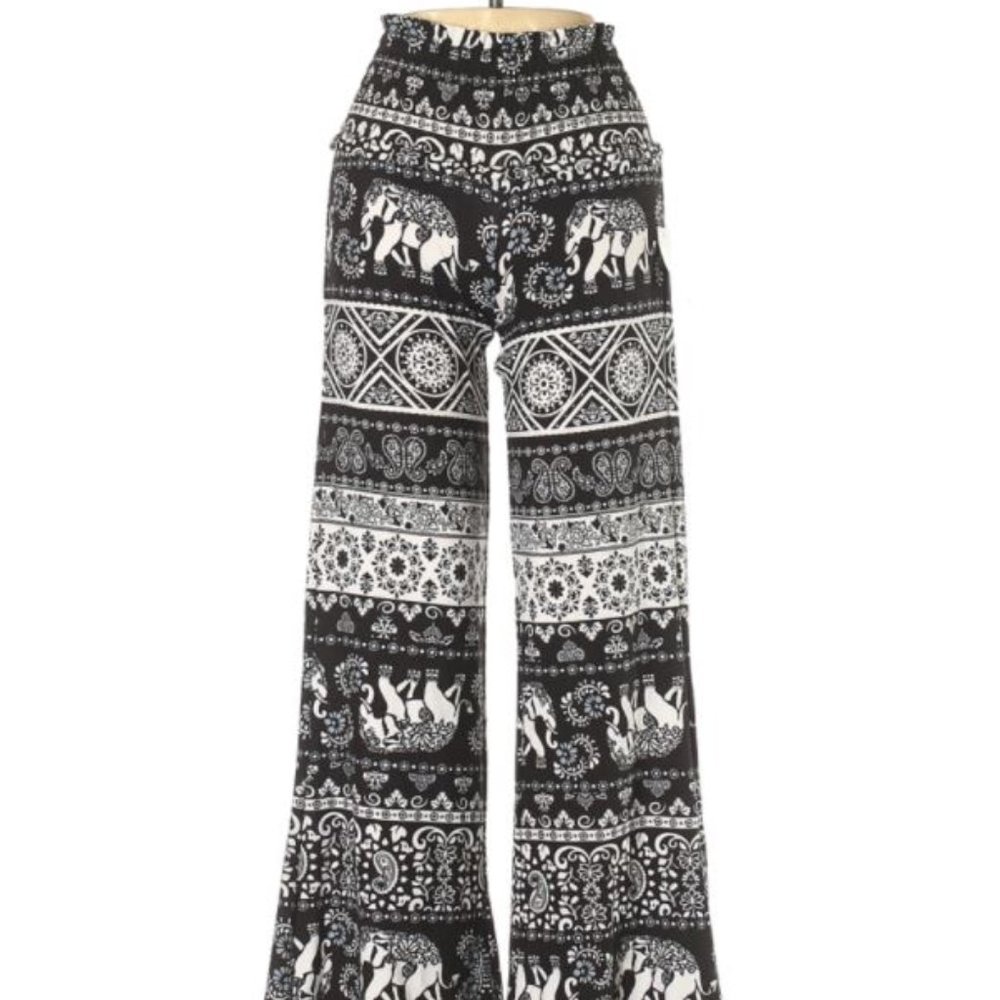 Planet Gold Black & White Elephant Print Wide Leg Pants